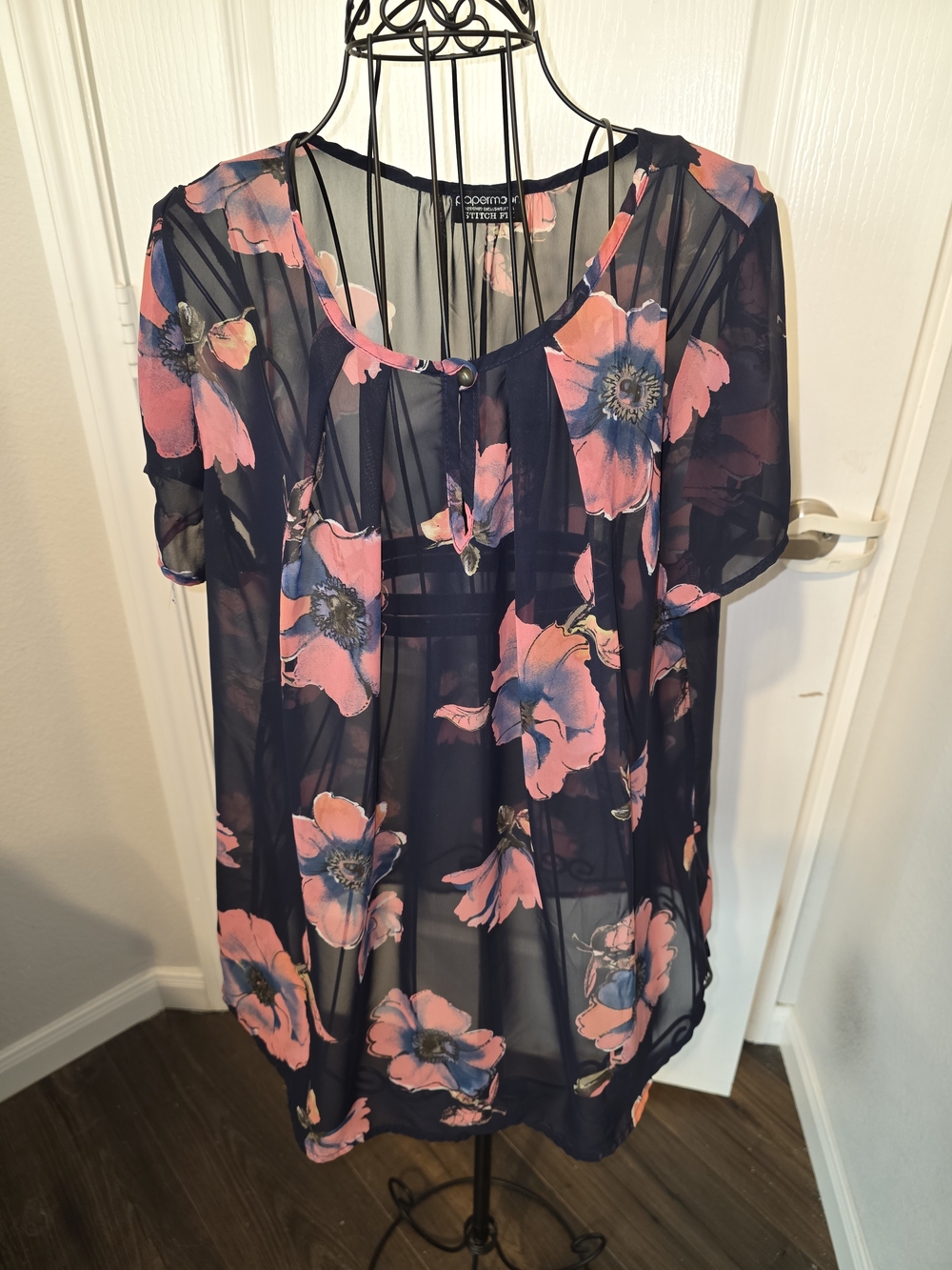 Ladies Floral Sheer Blouse - Navy with Pink Flowers